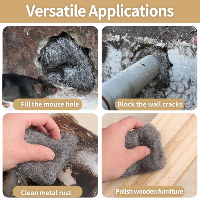 Shineboc Steel Wool Mice Control, 4 Pack of 3.1" x13 Ft #2 Steel Wool Roll Gap Filler for House Garage Garden, Keep Mice Away from Holes Siding Pipeline Vents Wood Metel Polishing, Very Coarse - Image 5